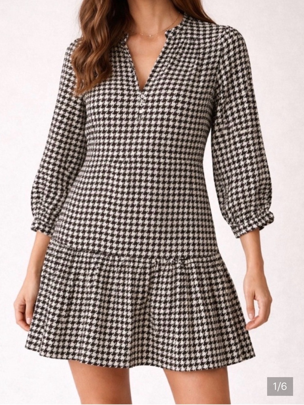 Maeve by Anthropologie Black & White Houndstooth Long Sleeve Dress